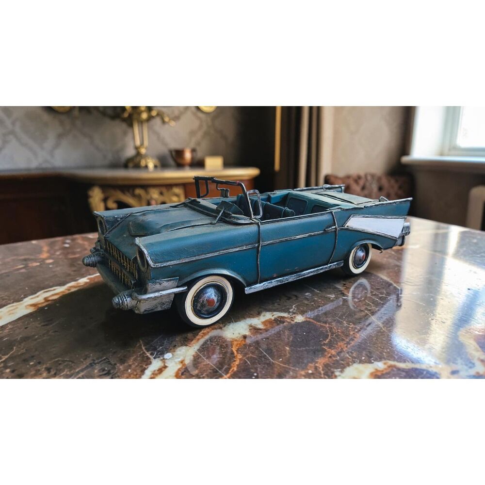 Retro 1957 Chevy Bel Air Convertible Tin Model Car Distressed Blue Metal Decor